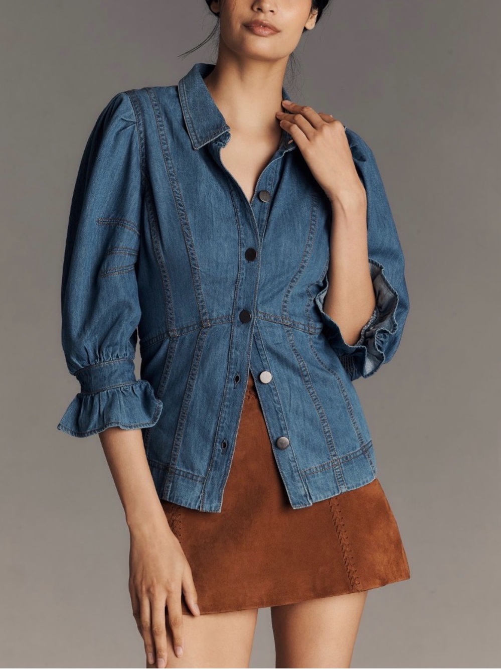 Anthropologie Puff-Sleeve Denim Buttondown Shirt NWT Cotton Indigo Wash Fitted M